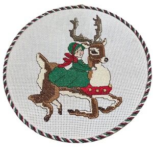 Vintage Homemade Cross Stitch Girl On Reindeer‎ Hanging Wall Decor 9.5"